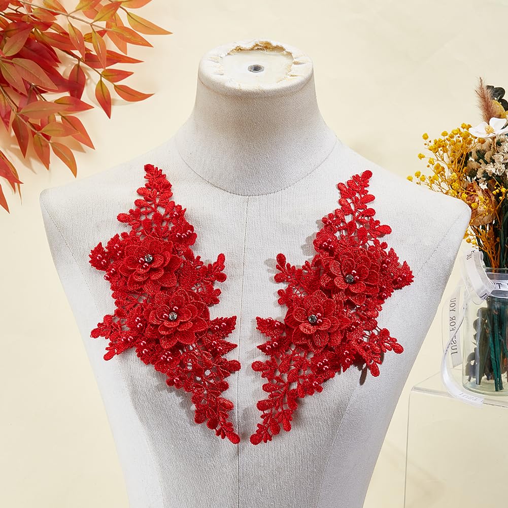 CABODYALS 4Pcs Red 3D Floral Lace Applique Pearl Beaded Embroidered Appliques Flower Rhinestone Embroidery Sew on Tulle Repair Patches Bulk for Sewing Making Clothes Dress Gown Wedding Costumes DIY