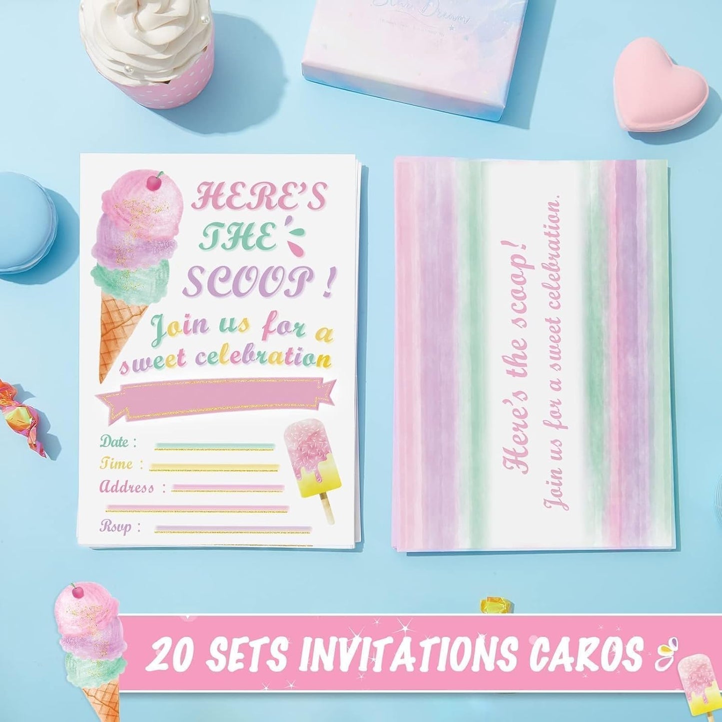 WERNNSAI Ice Cream Party Invitations with Envelopes -20 Sets Pink Ice Cream Birthday Invitations for Girls Sweet Popsicle Fill in Invite Cards for Baby Shower Wedding Party Supplies