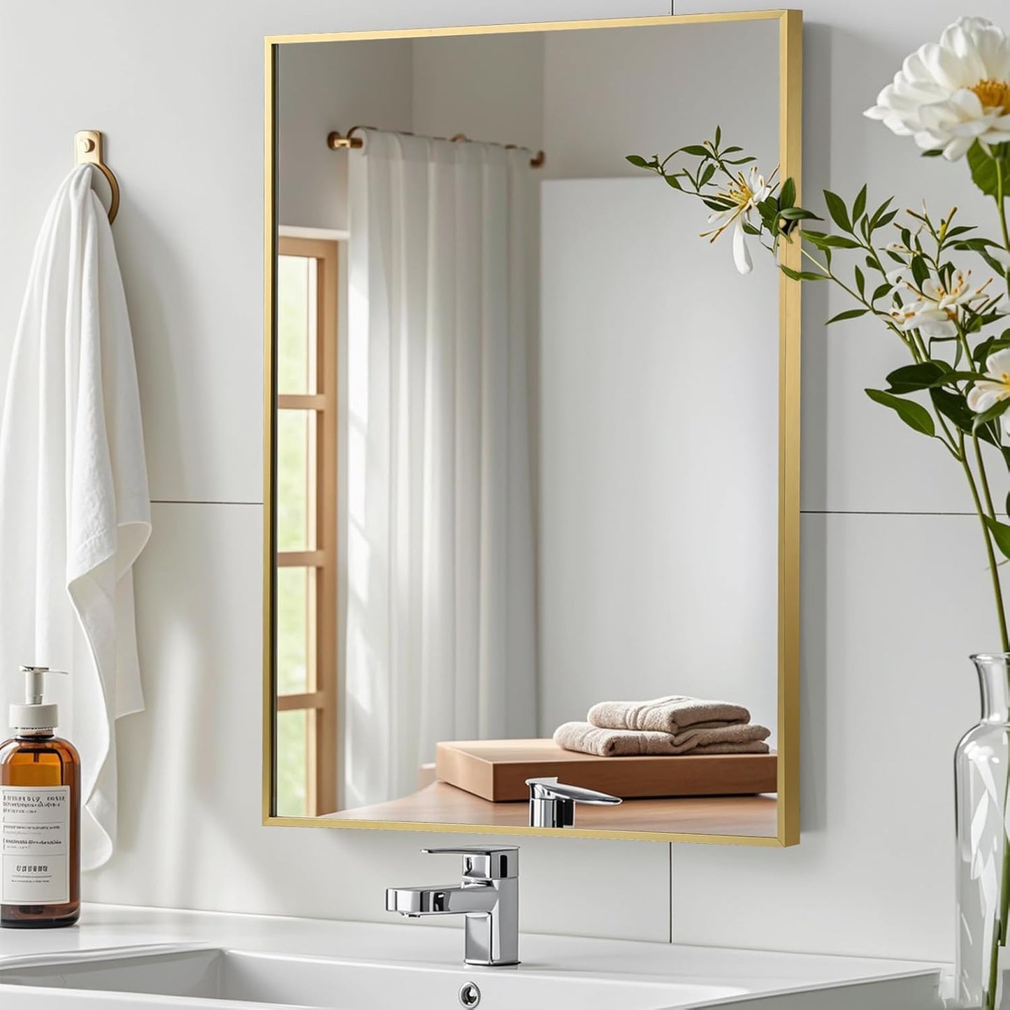 Gold Bathroom Mirror, 26"x38" Rectangle Mirror, Brushed Gold Mirror, Metal Frame Square Corner Vanity Mirror, Wall Mounted Mirror for Modern, Living Room, Bedroom, Horizontal Or Vertical