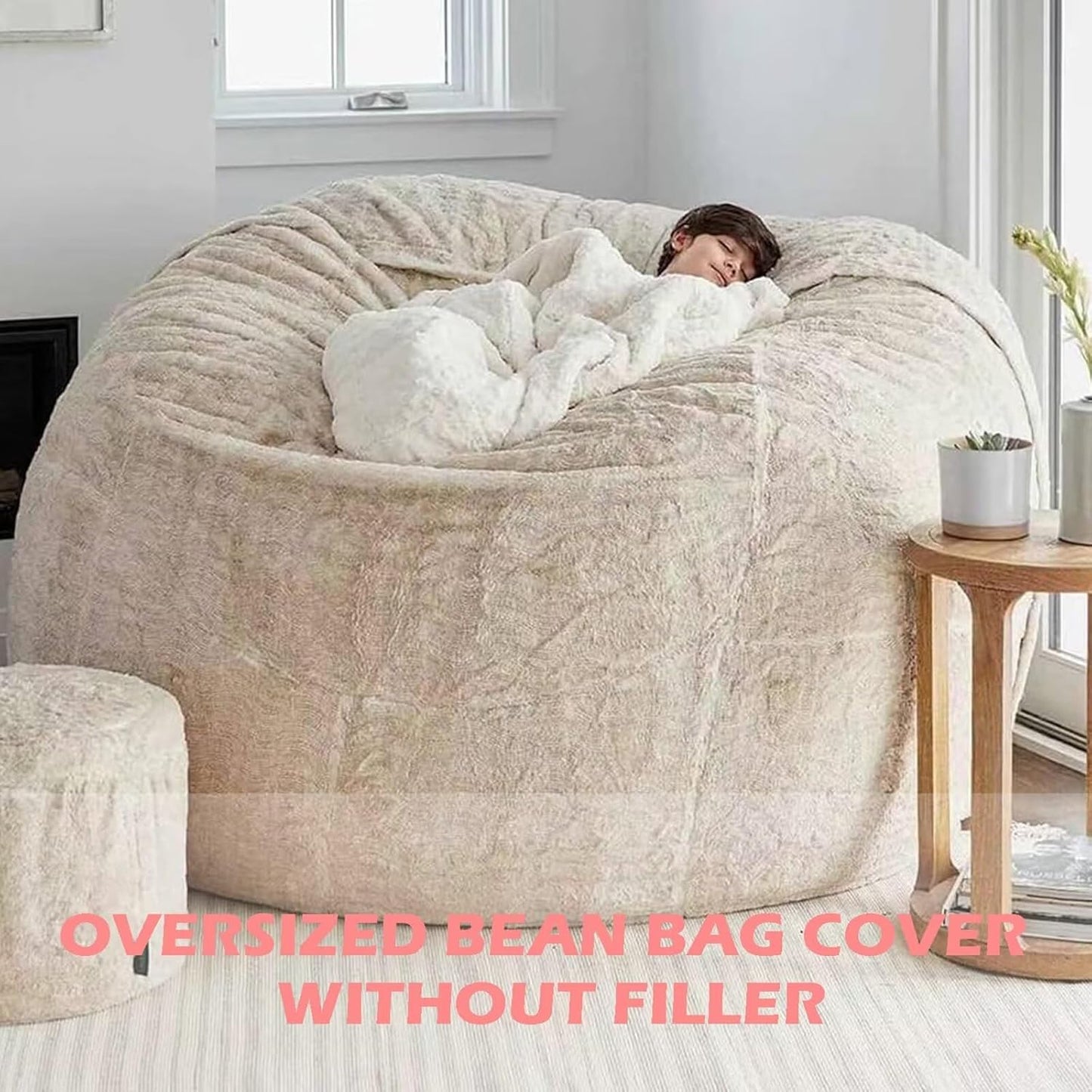 BCU Oversized Bean Bag Cover Comfy Beanbag Chair for Adults Without Filler Faux Fur Floor Chair Lazy Sofa Cover Comfy for Living Room Chairs, Burgundy Red, 5FT