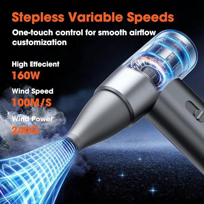 Metal Electric Compressed Air Duster, 300000RPM Brushless Motor with Stepless Speed, Rechargeable Cordless Mini Blower for Computer Keyboard Cleaning, Car Detailing, House and Outdoor Use(Grey)