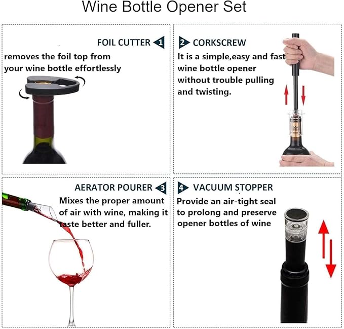 Air Pressure Pump Bottle Opener With One Foil Cutter,One Vacuum stopper and One Wine Aerator Pourer，Efficient|Lightweight|Funny Cork Remover,Great For Wine Lovers,Perfect Wine Gift. (4)