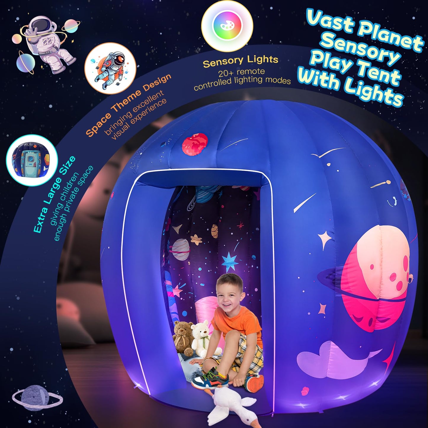 Subao Sensory Toys for Kids with Autism,70" Vast Planet Kids Play Sensory Tent with Lights and 14" Pink Light Up Star Plush Sensory Toddler Pillow,Birthday Xmas Gifts for Boys Girls Ages 3-12