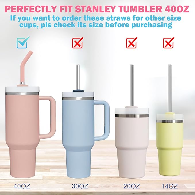 6pc Stainless Steel Straws Reusable for Stanley Tumbler 40 oz, 12 Inch Metal Straight Replacement Straw with Silicone Tips, Straw Covers and Cleaning Brushes