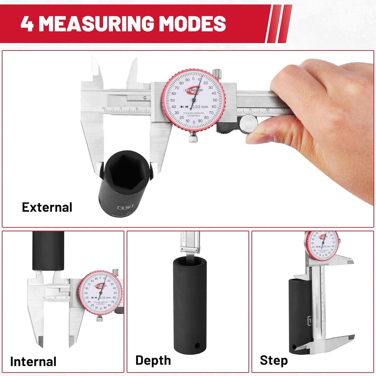 Metric Dial Caliper Measuring Tool 0-150mm Range, Analog Precision Caliper ±0.02mm Accuracy, Manual Mechanical Metal Stainless Steel Measuring Dial with 4-Way Measurements