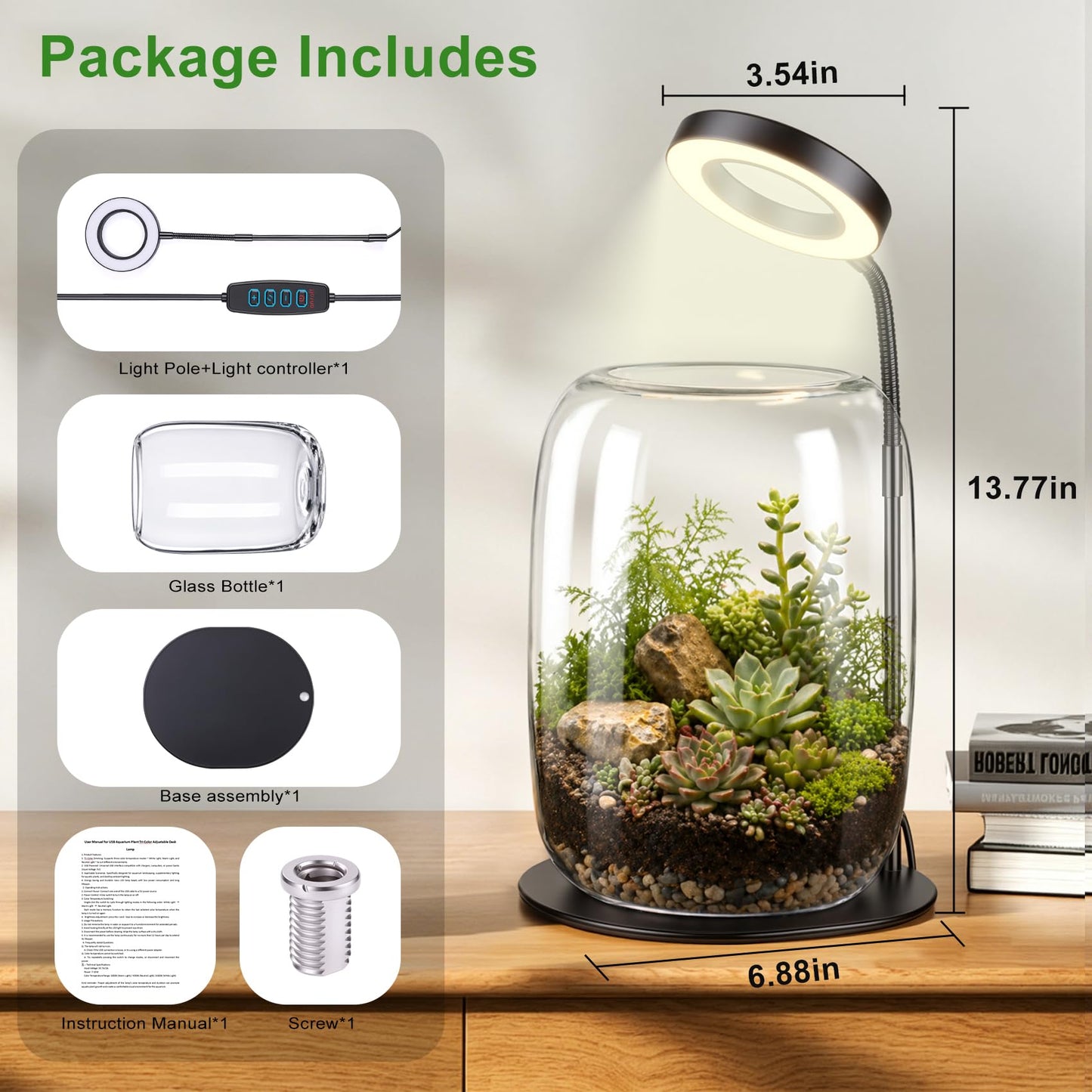 Yeeweek 5X Aperture Grow Light for Indoor Plants, Mini Desk Grow Light with Glass Terrarium for Small Plants, Succulents & Moss, Height Adjustable Plant Growing Lamp for Home Office Gift