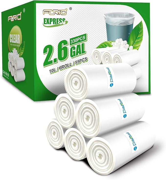 FORID Clear Small Trash Bags, 2.6 Gallon Garbage Bags, Wastebasket Bin Liners 330 Count Plastic Trash Bags for Bathroom Bedroom Office Garbage Can 10 Liters - Durable & Thick Trash Bag