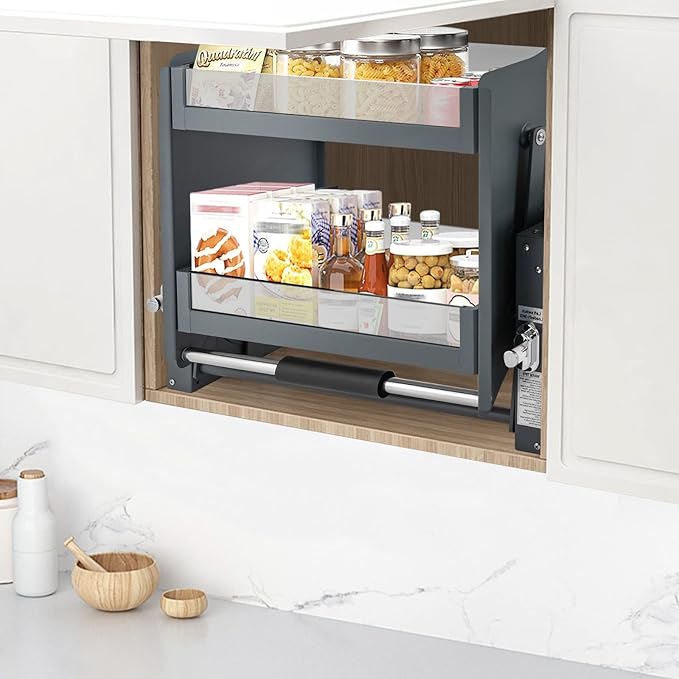 Pull Down Shelf Organizer,Upper Kitchen Wall Cabinet Storage with 3 Adjustable Load,Spice Rack Organizer(24inch Cabinet),Dual Tier Wall Mounted Pantry Storage