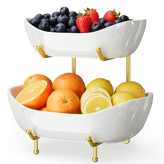 Josmimic 2 Tier Ceramic Fruit Bowl for Kitchen Counter – Fruit Basket with Gold Metal Stand, Holder for Snacks, Nuts, Cakes, Desserts, Bread, Candy Storage