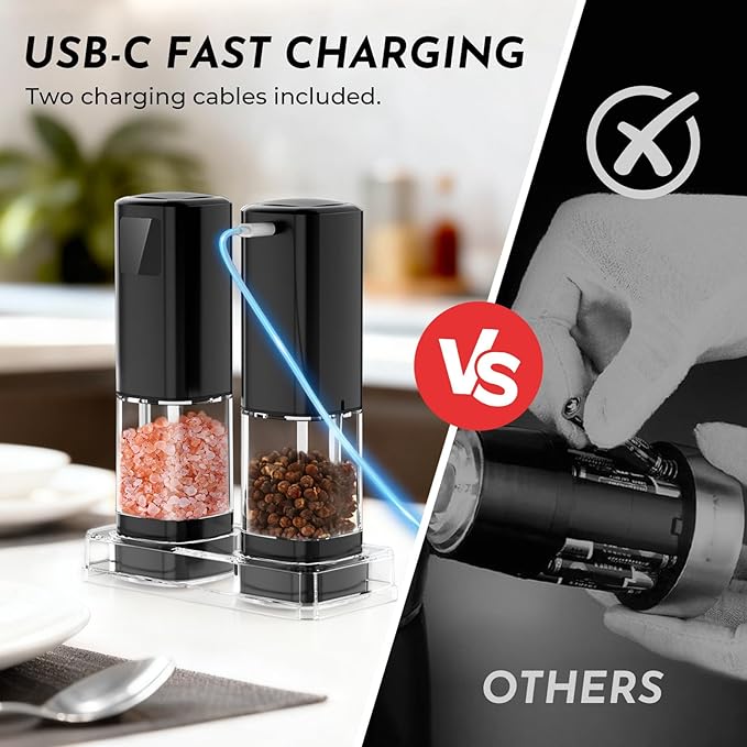 Upgraded Larger Capacity Electric Salt and Pepper Grinder Set Rechargeable with Digital Display, Refillable Electric Pepper Grinder Mill Set with Light & Ceramic Core, Adjustable Coarseness