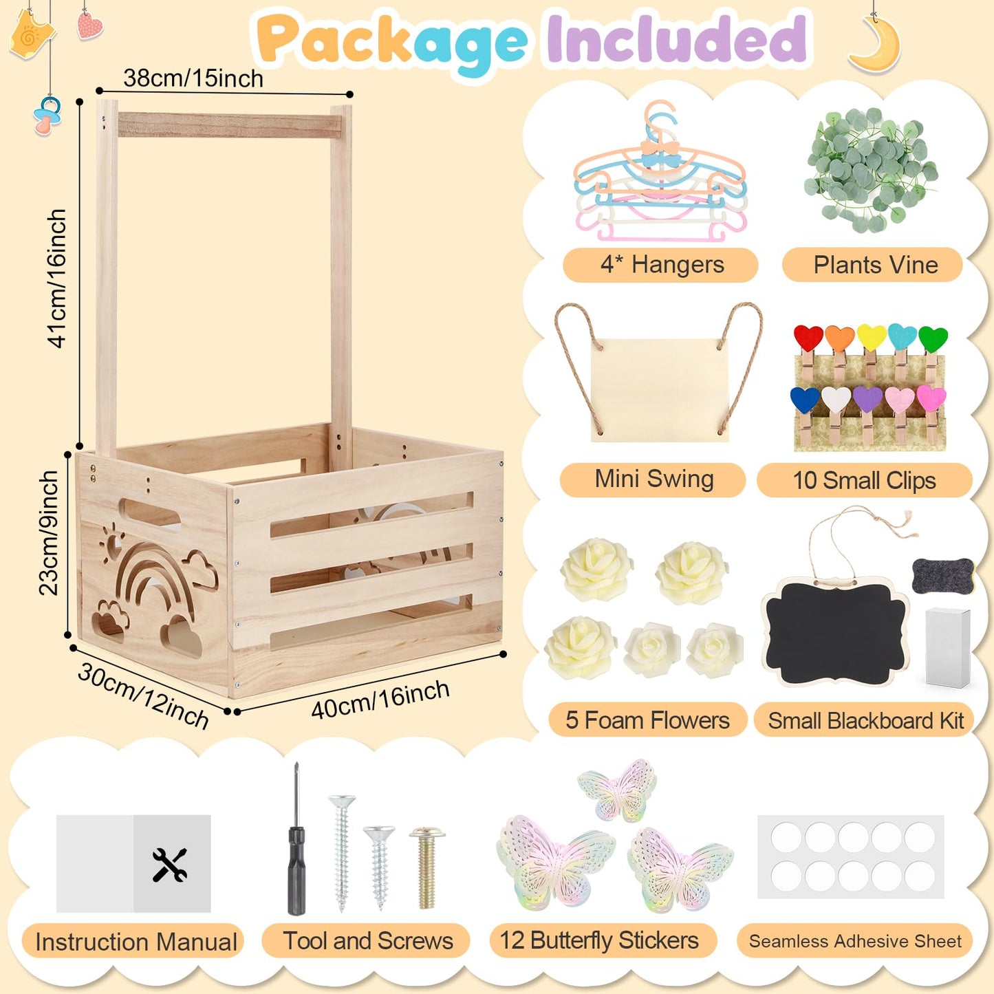 ELESTONE Wooden Baby Shower Crate Closet with Handle, Hangers & Garland, Large Capacity Baby Basket for Baby Shower, Customizable Wooden Crate Box Newborn Parents Welcome Gift (Natural Wood)