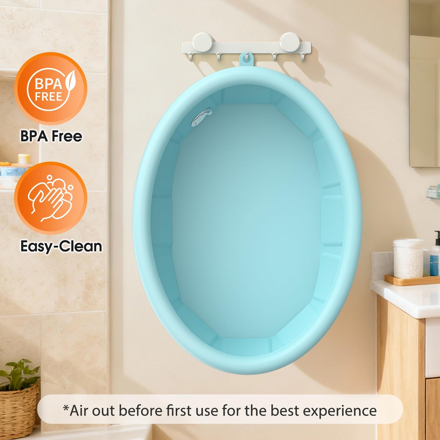 Baby Bathtub with Inflatable Top Edge, Extra Stable Infant Bath Tub, Collapsible & Portable for Baby Bath Time, No Tilt Design for 12M-6Y Toddler, No Assembly for Travel Shower