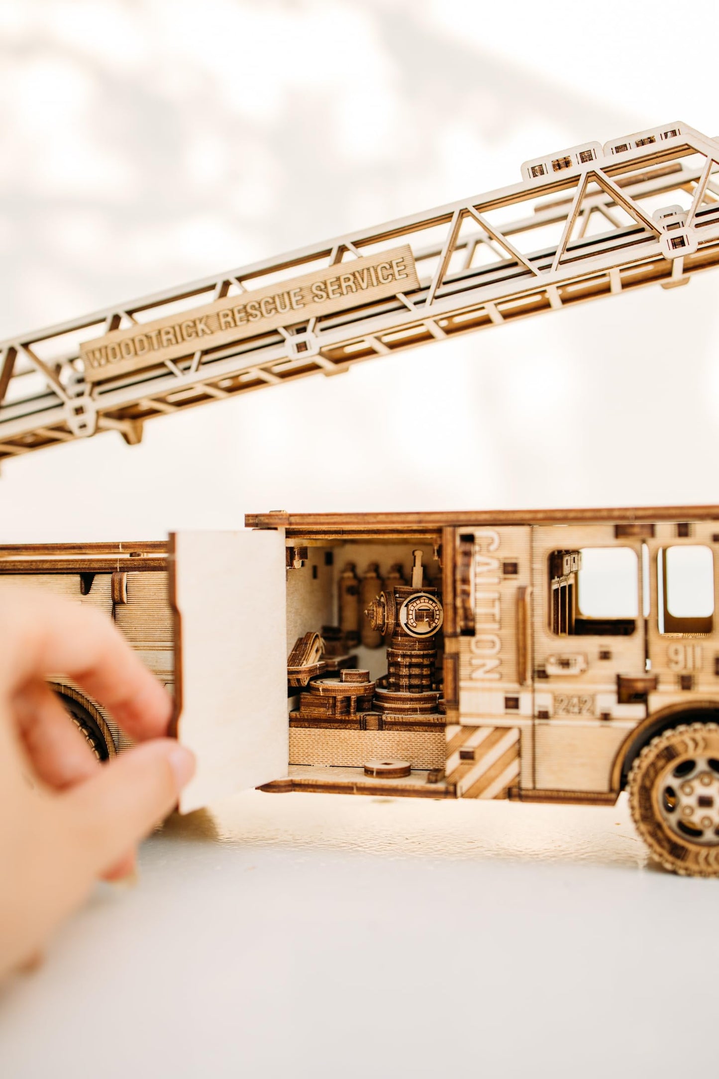 Wood Trick Rescue Firetruck Movable - Rotating Extendable Ladder - 3D Wooden Puzzles for Adults to Build - Rides up to 20 ft - Wooden Models Engineering DIY Project Mechanical Model Kit