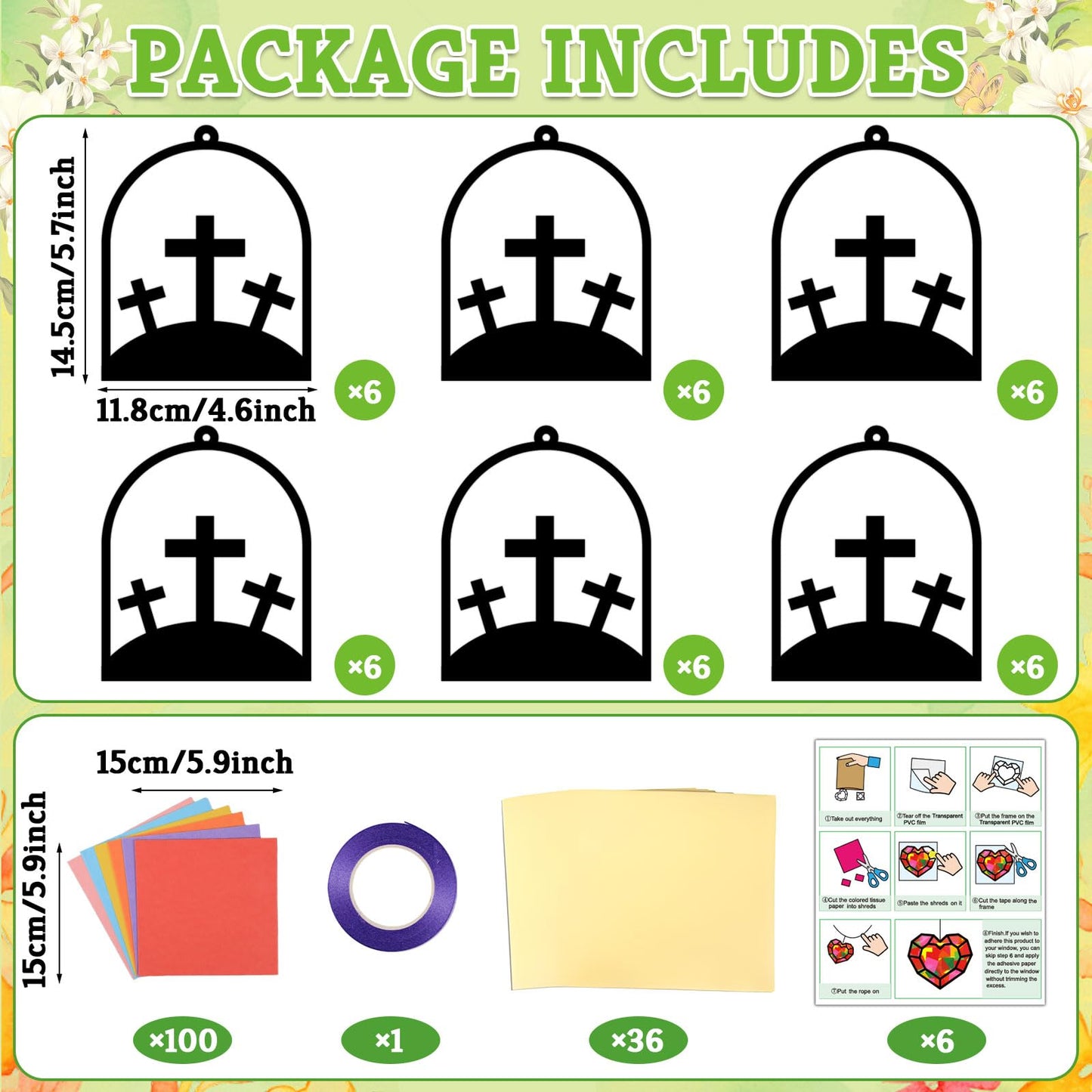 Qyeahkj 36 Set Easter Jesus Cross Suncatchers Crafts for Kids DIY Christian Religion Cross Window Tissue Paper Craft Kit Hanging Decor for School Home Activity Art Project Birthday Party Favor