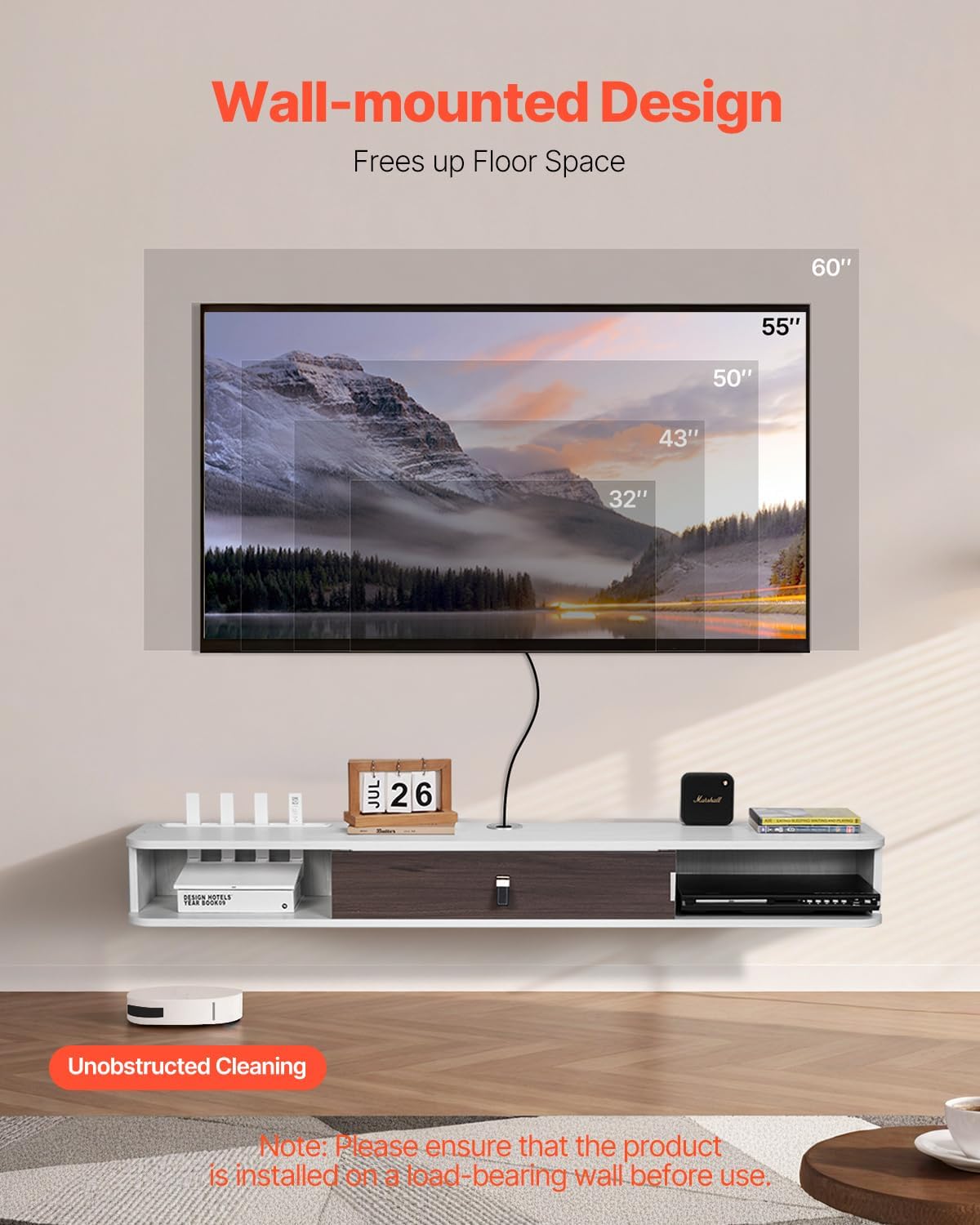 VEVOR Floating TV Stand, 55'' Under TV Shelf Wall Mounted Floating TV Console Modern Entertainment Center with Storage Cabinet, for Bedroom & Living Room, White