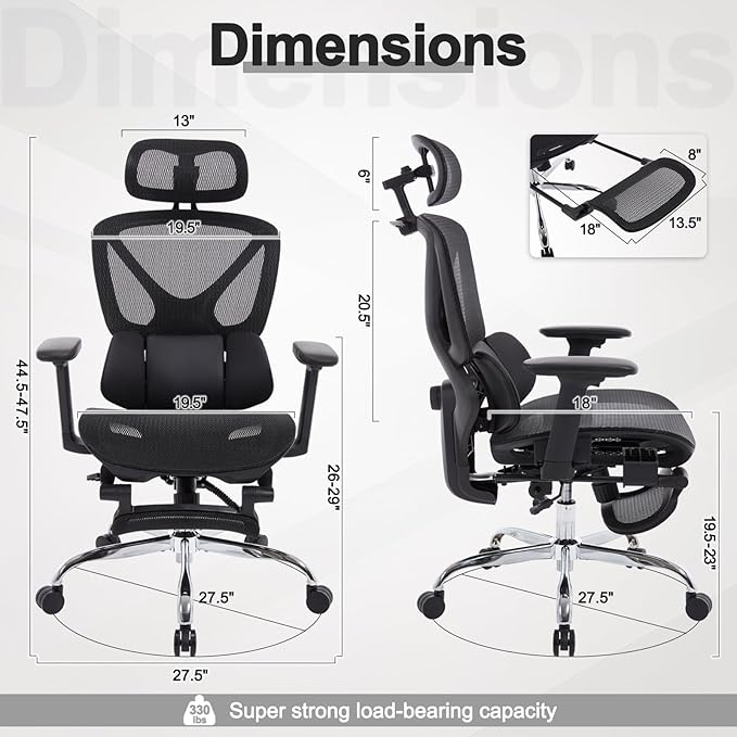High Back Mesh Office Chair with Footrest，Ergonomic Office Chair w/ 3D Lumbar Support，Comfy Home Office Desk Chair for Work & Computer Gaming, 400LBS, Black