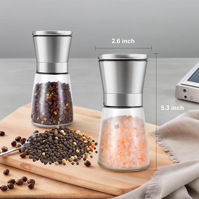 Premium Manual Pepper Grinder Mill with Stainless Steel Cap, Ceramic Blades and Adjustable Coarseness Grinder for Fresh Ground Pepper, Salt and Spices, 6 oz Glass Body (Single Package)