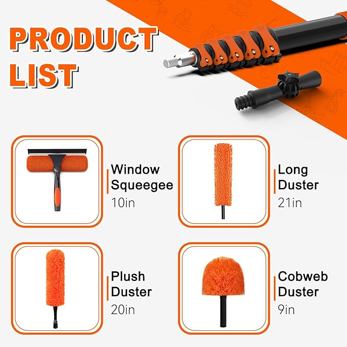 30FT Reach High Ceiling Duster Kit, Window Cleaning kit with 5-24FT Extension Pole, Fan Duster for Ceiling Fan Blades, Microfiber Feather Duster, Rotatable Window Squeegee and Cobweb Duster