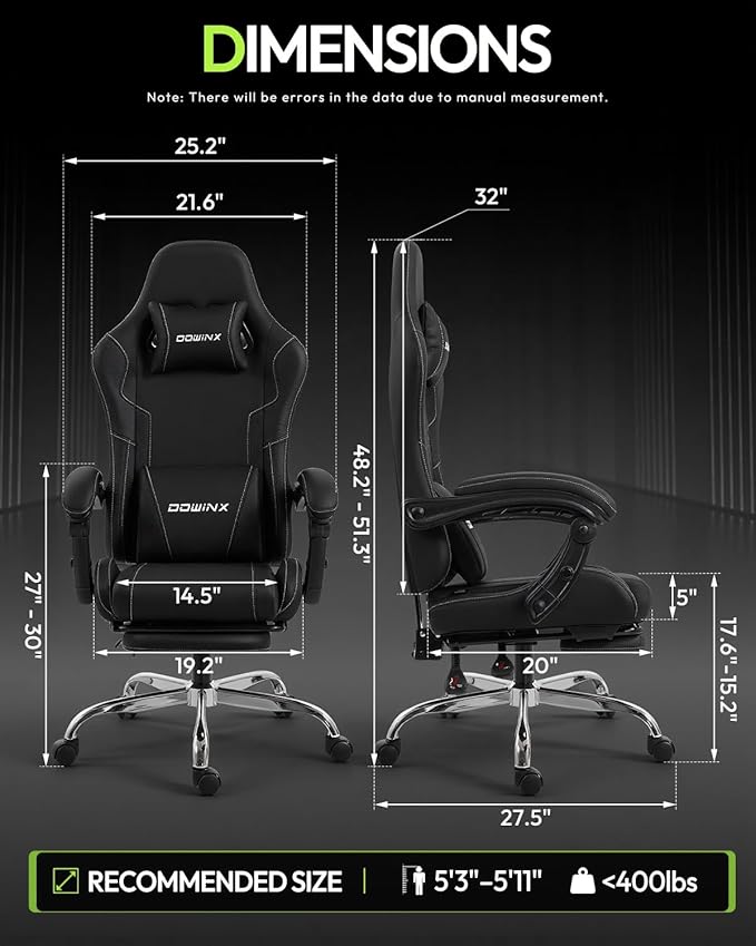 Dowinx Ergonomic Gaming Chair with Footrest & Massage Lumbar, 2D-Linkage Armrests for Computer Chair 330lbs with Headrest Pillow for Office, Home, Streaming and Long Gaming Sessions, Black