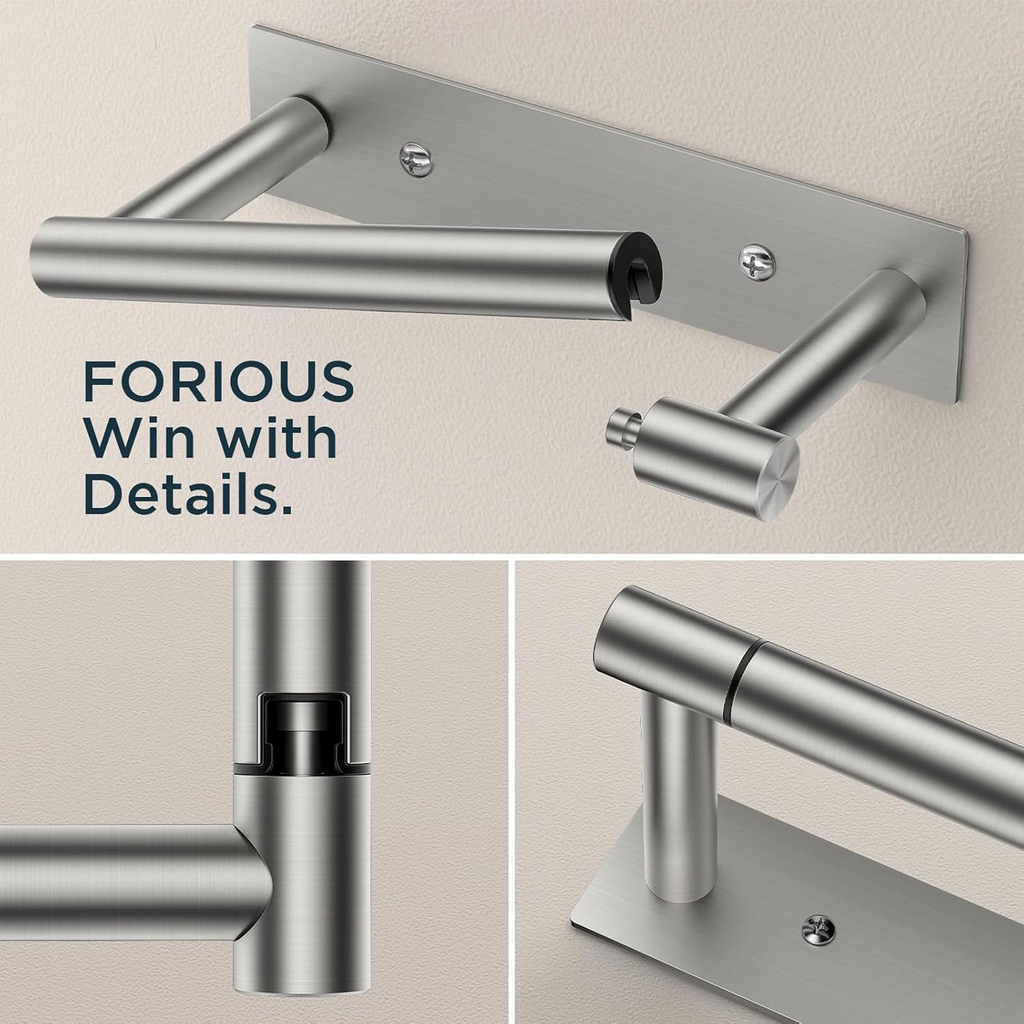FORIOUS Adhesive Toilet Paper Holder Brushed Nickel, Self Adhesive or Wall Mounted Options, Stainless Steel Rustproof Stick on no Drilling Pivoting Toilet Tissue Roll Holder Wall Mount for Bathroom