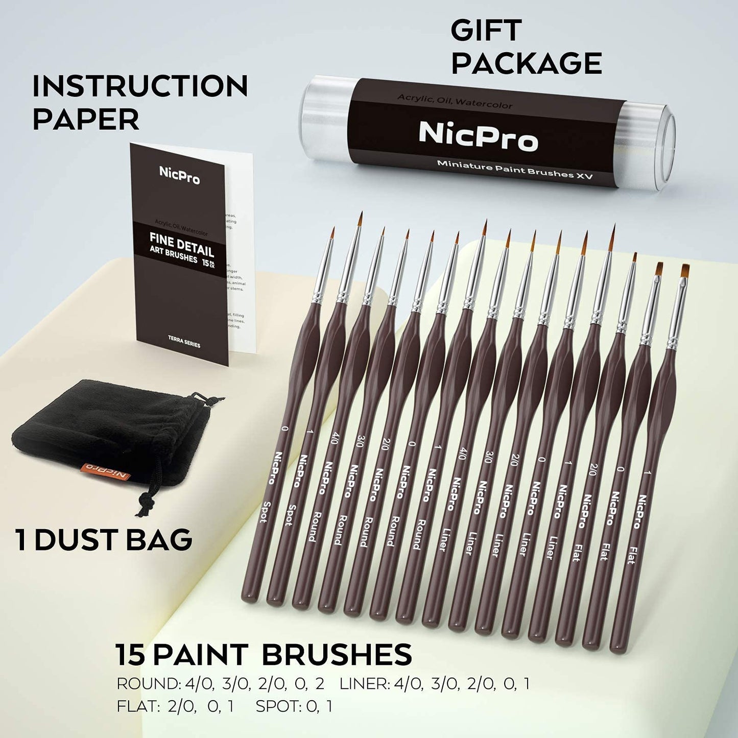 Nicpro 15 PCS Micro Fine Detail Paint Brush Set, Small Miniature Fine Tip Detail Brushes Kit for Acrylic Oil Watercolor, Models, Paint by Numbers, Miniature Painting, Craft, Rock Painting (Brown)