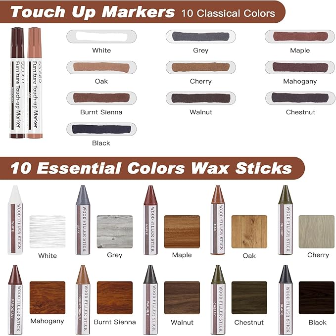 SEISSO Furniture Markers Touch Up, 25 Pcs Wood Furniture Repair Kits, Wood Markers and Wax Sticks with Wax Oil for Scratches Stains Cover-Ups Hardwood Wooden Floors Tables Cabinet Bedposts