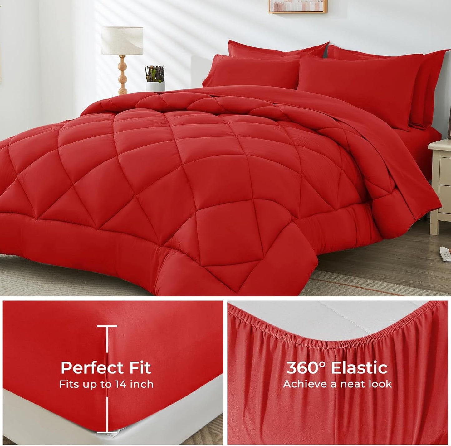 HEVUMYI Red King Comforter Set - 7-Piece All Season Bed in a Bag King, Ultra Soft Bedding Set with Comforter, Flat Sheet, Fitted Sheet, Pillowcases, Pillow Shams