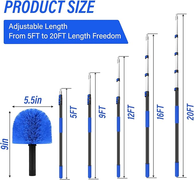 26FT Cobweb Duster with Extension Pole,Spider Web Cleaner with 4-Stage 5-20FT Aluminum Pole, Spider Web Brush for Outdoor and Indoor Cleaning