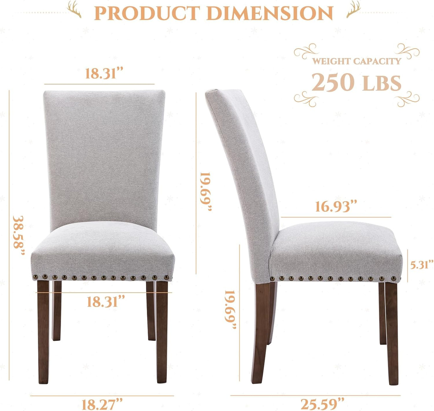 Parsons Dining Chairs Set of 6, Upholstered Nailhead Dining Room Kitchen Side Chair with Thick Cushions and Wood Legs, Light Grey
