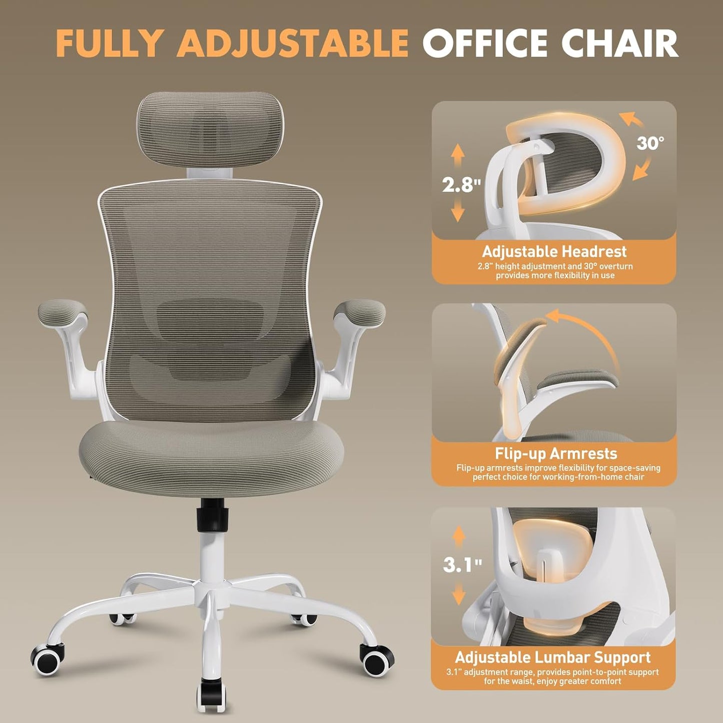 Ergonomic Office Chair with Adjustable Lumbar Support & Headrest, High Back Mesh Desk Chair with Flip-Up Armrests, Breathable & Comfortable Computer Chair for Home, Office & Study –Khaki