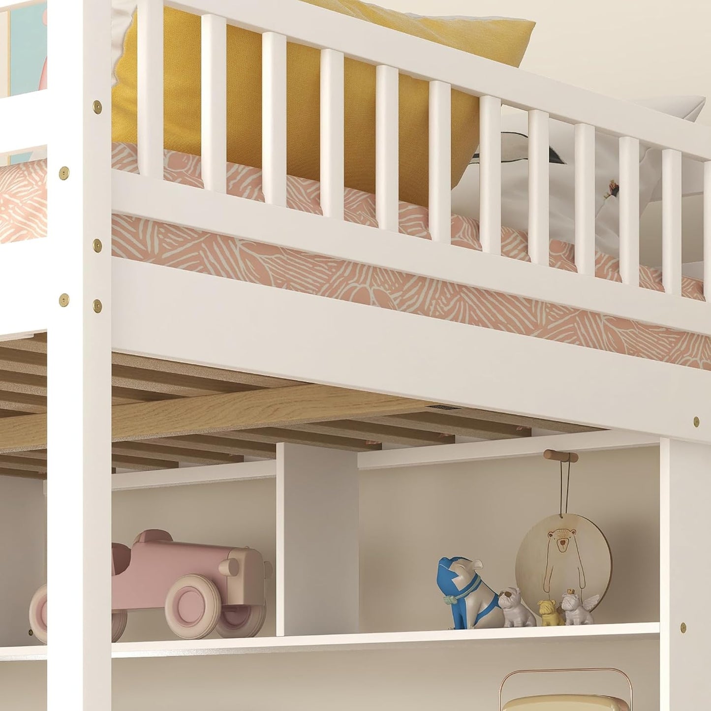 HomSof Full Size Loft Bed with Built-in Desk, Bookshelves and Storage Staircase,White