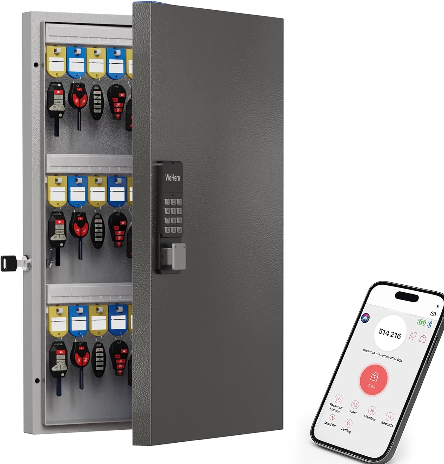 WeHere 72 Key Lock Box Wall Mount, APP Bluetooth/OTP/Wi-Fi/Fixed Code/Key Unlock, Smart Key Cabinet with Key Tag, Key Organizer Holder Box, Key Management Directory for Office, Valet, Realtor, Hotel