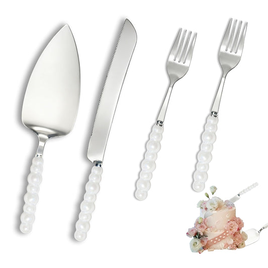 TRILVIX Wedding Cake Knife and Server Set, Elegant Ceramic Pearl Handle Cake Cutting Set for Wedding, Stainless Steel Cake Cutting Set, for Weddings, Anniversaries, and Engagement Gifts for Couples