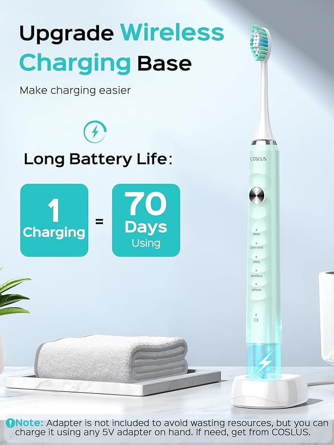COSLUS Sonic Electric Toothbrush for Kids & Adults: 47000 VPM for Deep Cleaning & Whitening with Travel Case - 5 Modes for Sensitive Teeth & Braces, Wireless Charging, 6 Brush Heads, Green (1PC)