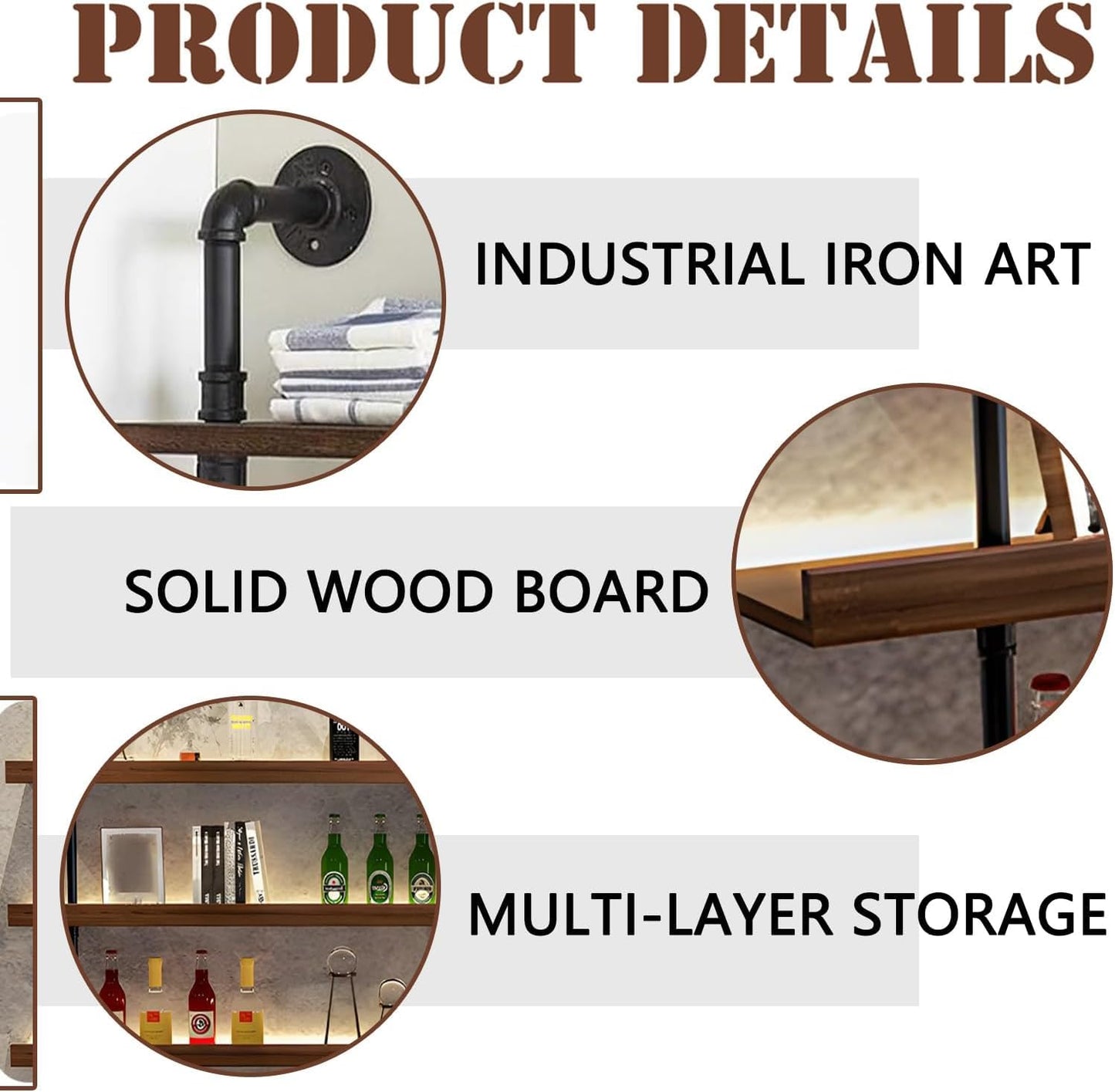 Dawselod 62.9in Large Wine Rack with LED Light Solid Wood Wall Mounted Wine Rack, 3-Tiers Liquor Bottles Floating Shelves Display Storage Organizer for Home Bar & Dining Room (160cm/62.9in)