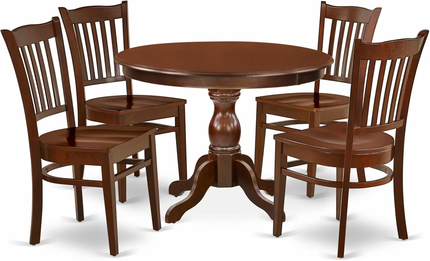 East West Furniture HBGR5-MAH-W 5 Piece Dining Table Set for 4 Includes a Round Kitchen Table with Pedestal and 4 Dinette Chairs, 42x42 Inch, Mahogany