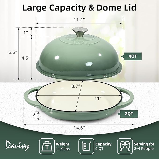 Davivy 6QT Cast Iron Oval Dutch Oven with Silicone Baking Mat, Bread Dutch Oven for Sourdough Bread Baking 6QT, Cast Iron Loaf Pan with Domed Lid - Sea Salt Green