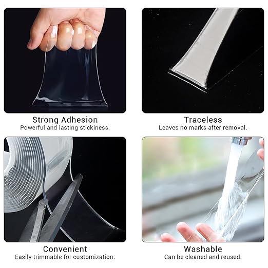 Double-Sided Tape, Nano Tape, Transparent Traceless Removable Washable Reusable Tape - Suitable for Carpets, Photo Walls, Kitchen Furniture - 3m Per Roll