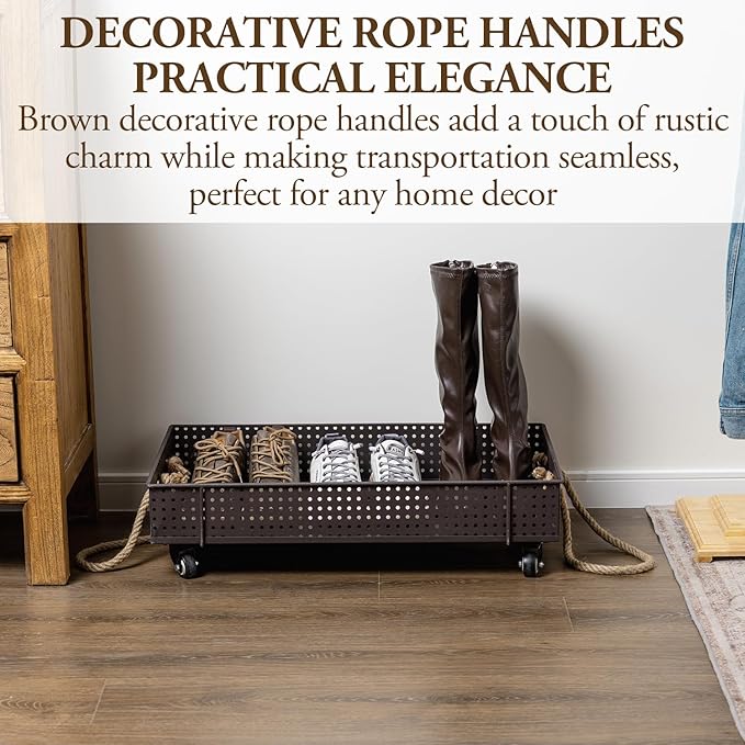 MyGift 26 Inch Industrial Brown Metal Entryway Boot Tray with Wheels and Decorative Rope Handles, Under Bed Storage Shoe Container Cart