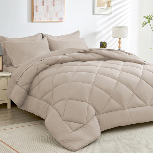 HEVUMYI Khaki Full Comforter Set - 7-Piece All Season Bed in a Bag Full, Ultra Soft Bedding Set with Comforter, Flat Sheet, Fitted Sheet, Pillowcases, Pillow Shams
