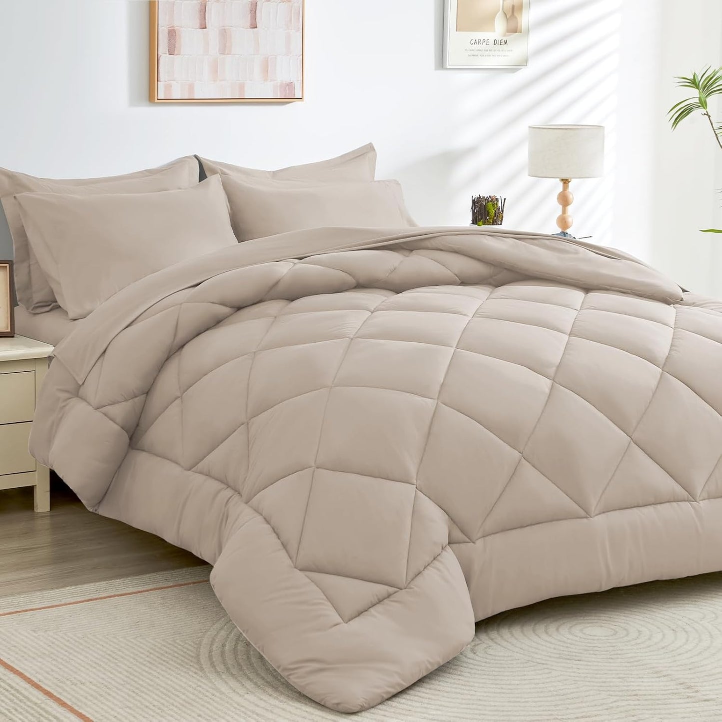 HEVUMYI Khaki Cali-King Comforter Set - 7-Piece All Season Bed in a Bag Cali-King, Ultra Soft Bedding Set with Comforter, Flat Sheet, Fitted Sheet, Pillowcases, Pillow Shams