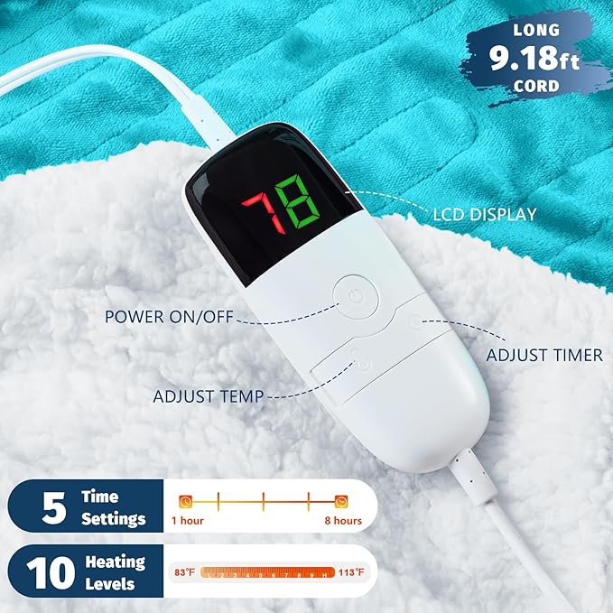 BOMOVA Heated Electric Blanket Twin - 62" x 84" Heating Blanket with 10 Heating Levels & 8 Hours Auto Off, Warm Flannel Blanket, Christmas Birthday Gifts for Women