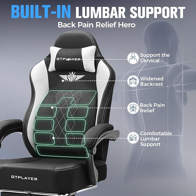 GTPLAYER Big and Tall Gaming Chair Breathable Fabric Computer Chair with Strong Lumbar Support, Comfortable Office Chairs with Pocket Spring Cushion, High Back Ergonomic Desk Chairs with Footrest