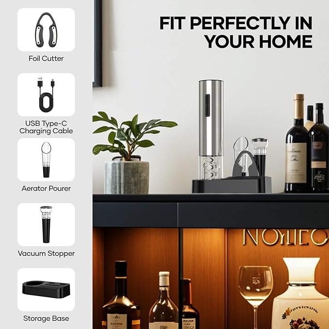 Crenova Wine Opener Electric, Rechargeable Wine Bottle Opener, Automatic Corkscrew with Vacuum Stopper, Aerator Pourer, Foil Cutter, Display Base, House Warming Gifts for New Home Wedding Birthday