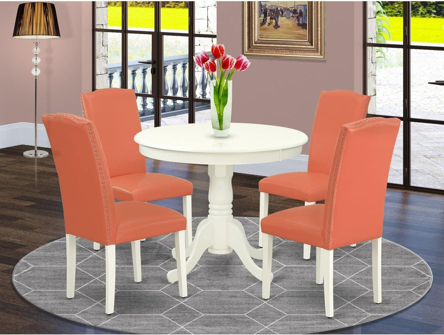East West Furniture ANEN5-LWH-78 5 Piece Modern Dining Table Set Includes a Round Kitchen Table with Pedestal and 4 Pink Flamingo Faux Leather Parson Dining Chairs, 36x36 Inch, Linen White