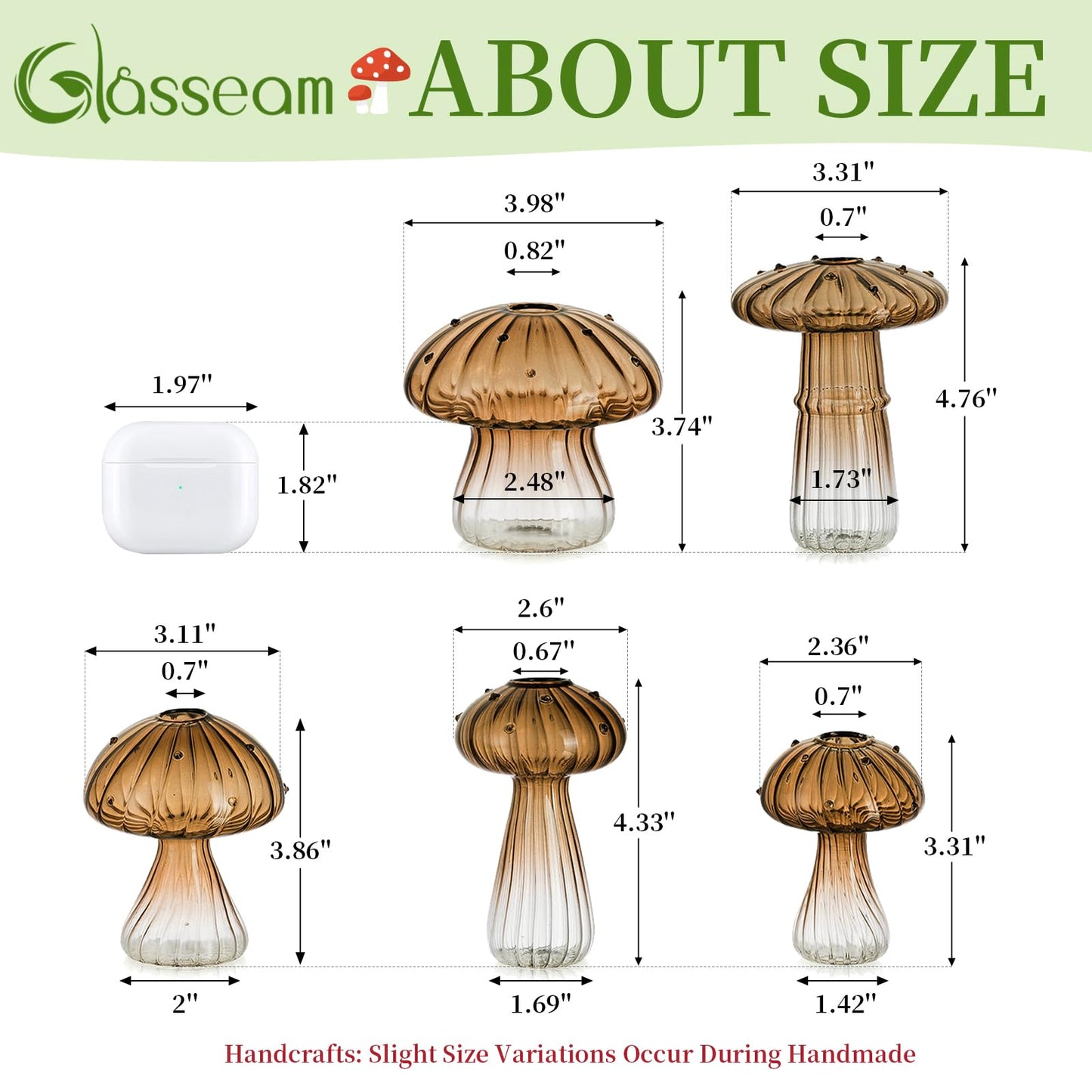 Glasseam Mushroom Plant Propagation Stations: Green Glass Terrarium Jar Set of 5 Cute Planters for Indoor Plants Mini Propagate Station Unique Christmas Birthday Gifts for Women Home Office Decor