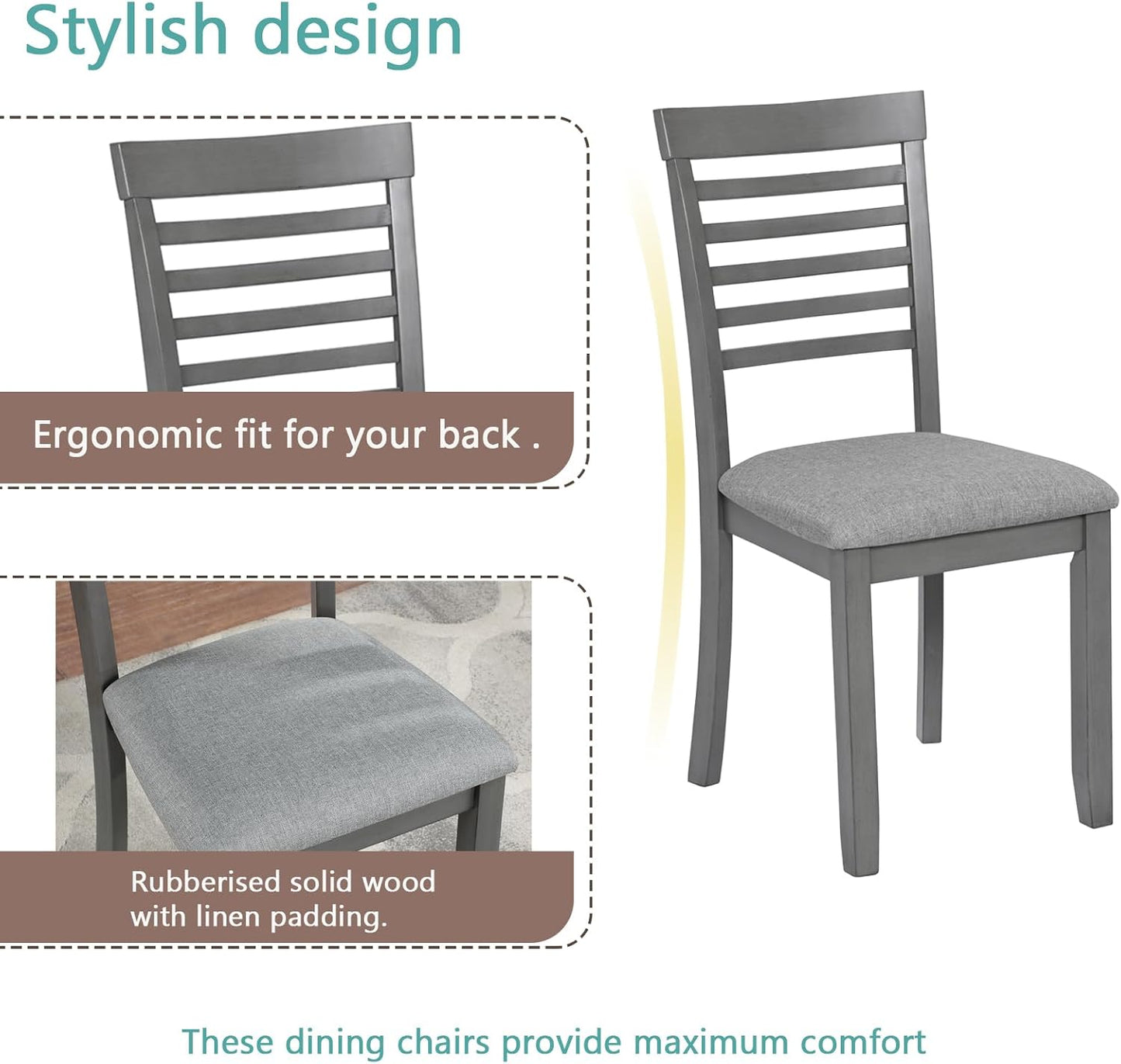 KEIKI 5-Piece Standard Height Dining Table Set with Rectangular Table and 4 Upholstered Ladder Backrset Chair, for 4 Person, Modern Wooden Table Set, Easy Assembly, for Kitchen, Dining Room, Gray