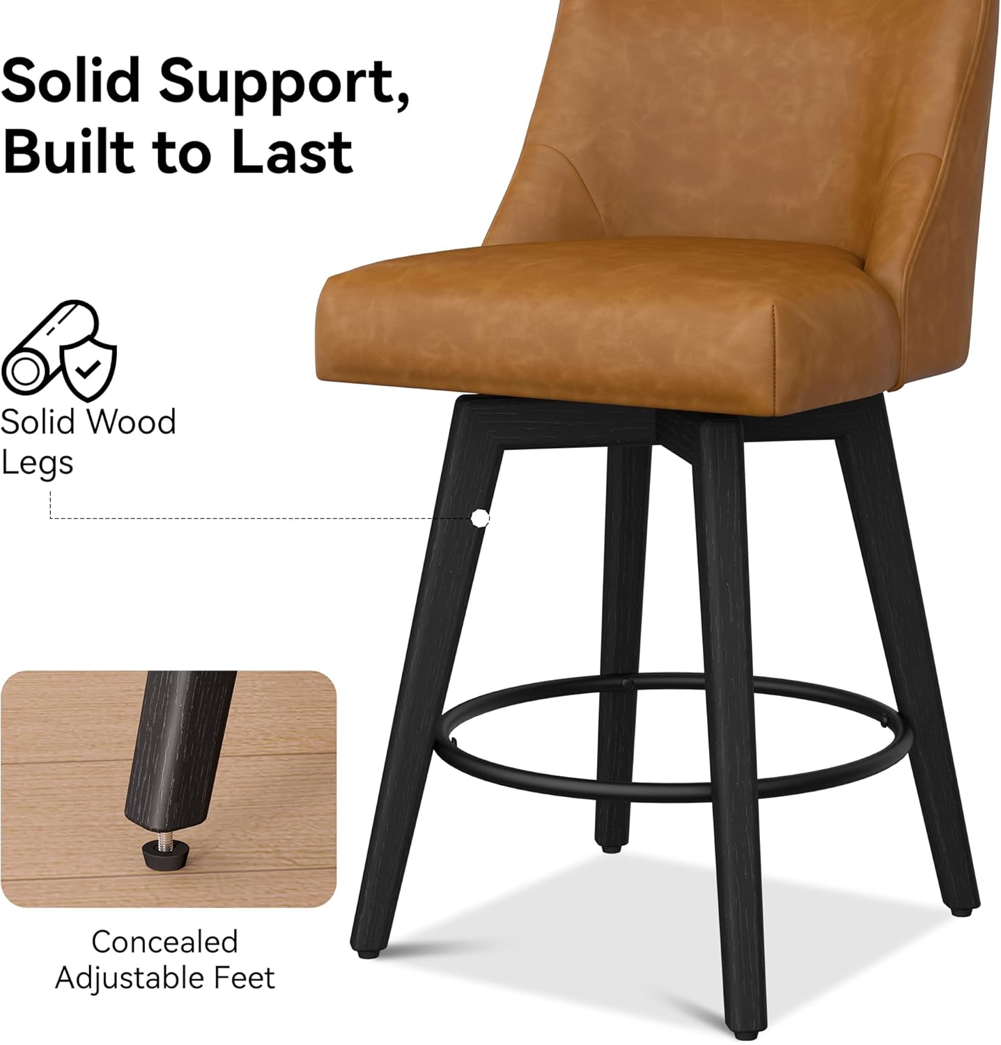 Counter Height Bar Stools Set of 8, Modern Swivel Barstools with Back and Wood Legs, Faux Leather Upholstered Bar Chairs, 26" H Kitchen Counter Stools, Kitchen Island Home Bar, Whisky Brown