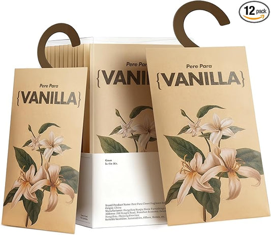 12 Packs Vanilla Potpourri Scented Sachets for Drawers and Closets，【Deodorizer for Stagnant Air】Odor Eliminator，hanging Paper Air Fresheners for Clothes Long Lasting