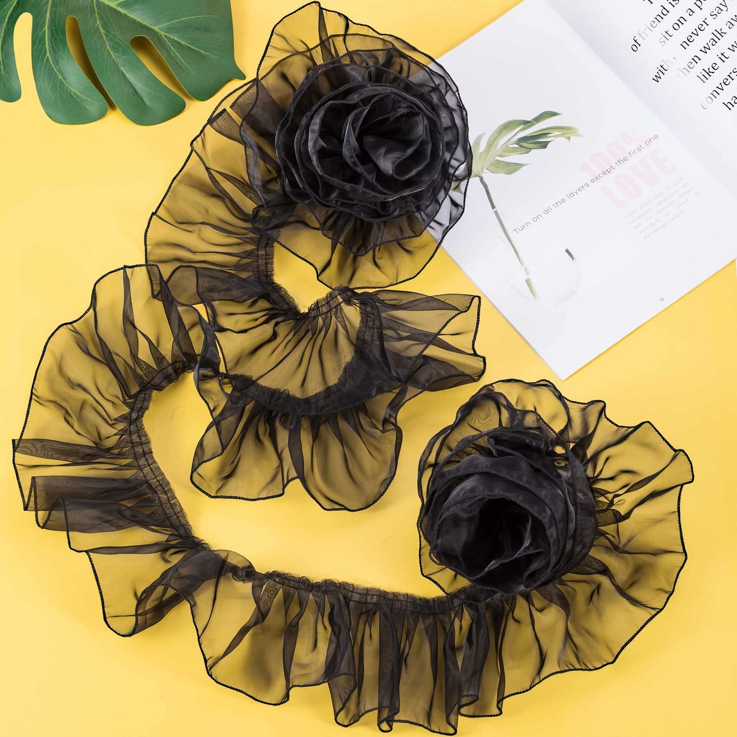 ANCIRS 3 Yards Organza Ruffled Pleated Lace Fabric Trim for Dress Collars Sleeves Halloween Costume Decoration Throw Pillow Decor Appliques Patches & Handmade DIY Sewing- Black